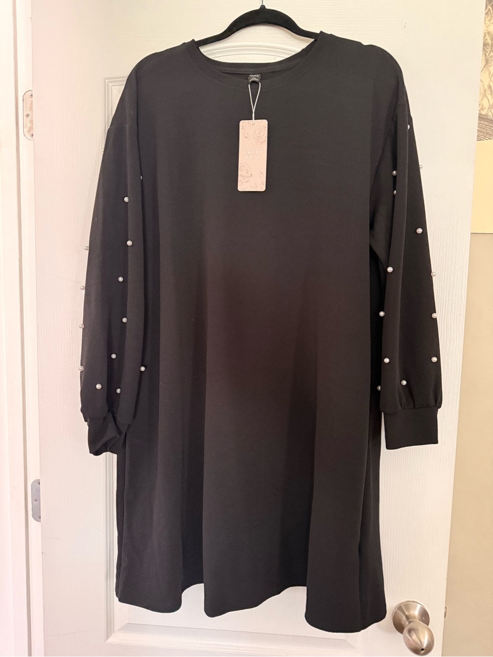 Women's Black Long-Sleeve Shift Dress with Pearl Sleeve Detail
